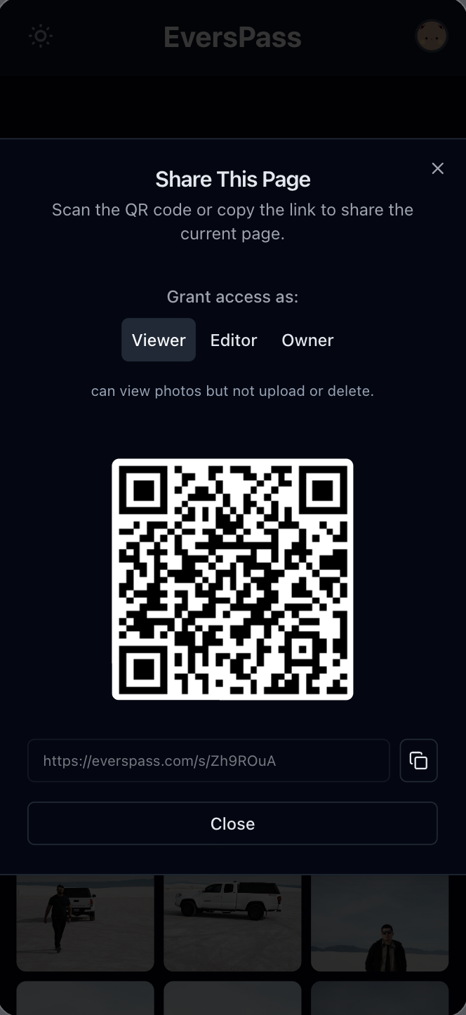 EversPass share modal with QR code and permission levels